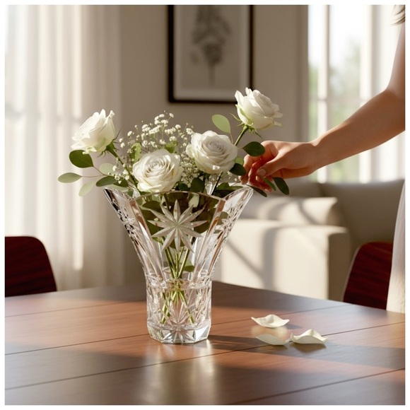 Other - Vintage Crystal Vase w/ Flower Engravings. Clear Crystal. 9.5”/ 6” / 3”